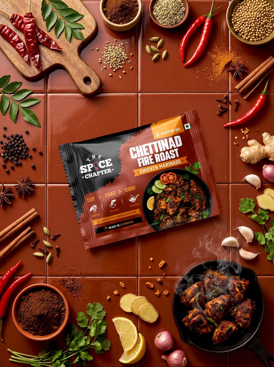 A package of Chettinad Fire Roast Chicken Marinated Meat by Chef's Spice Chapter is displayed on a brown tiled surface surrounded by culinary ingredients like red chilies, garlic, ginger, lemon, cilantro, cinnamon, and spices.
